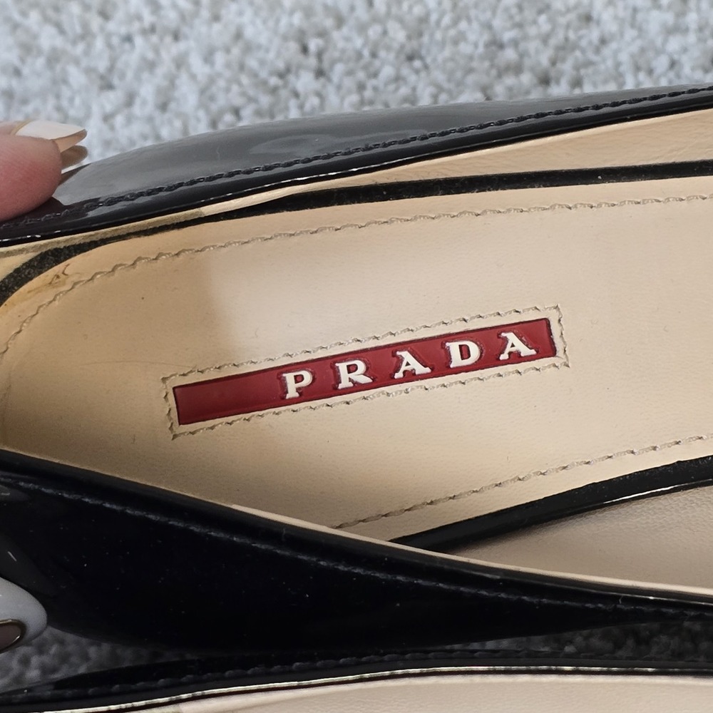 Prada Kiltie Black Patent Leather Block Heel Pumps Women's 41 Square Toe Fringe - Picture 4 of 10